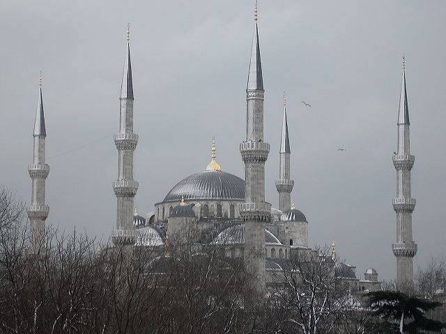 Sultanahmet Blue Mosque covered in winter snow