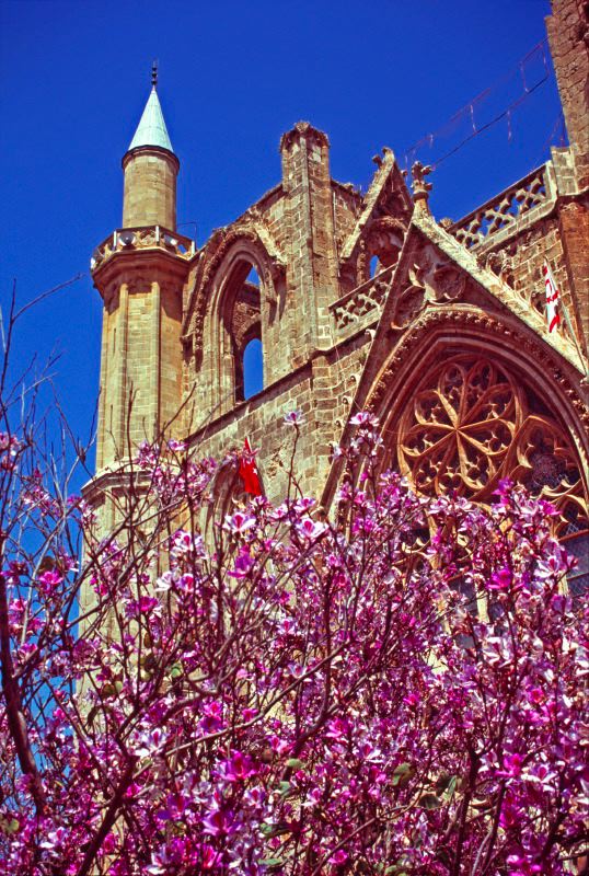 Gothic stone facade of Saint Nicholas Cathedral in Gazimağusa
