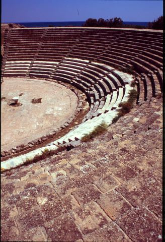 Ancient stone tiers and marble columns of Salamis Theatre