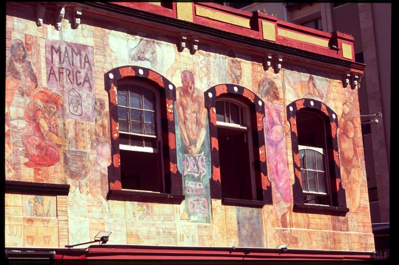 Mama Africa vibrant restaurant facade in Cape Town